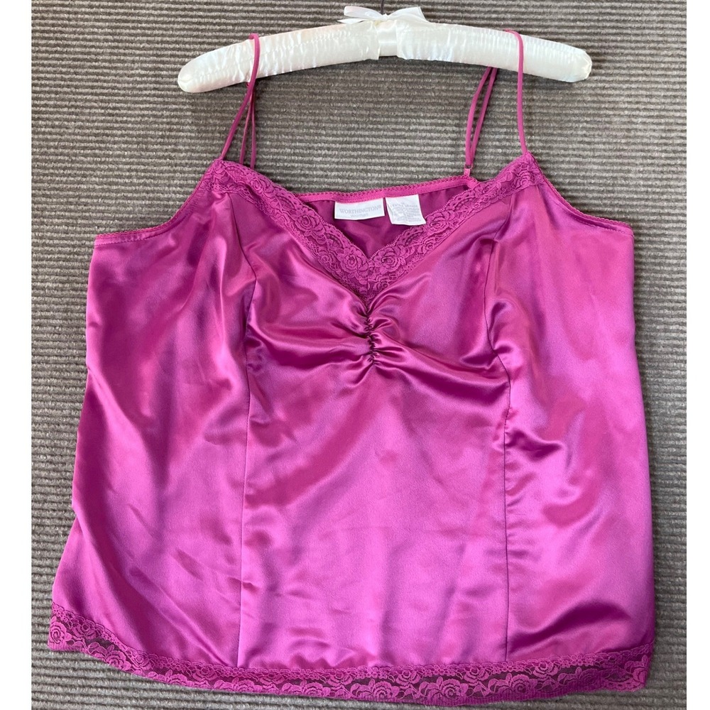 Worthington Woman Magenta Pink Satin Lace Y2K Cami Top Plus Size 1X Side Zip VTG